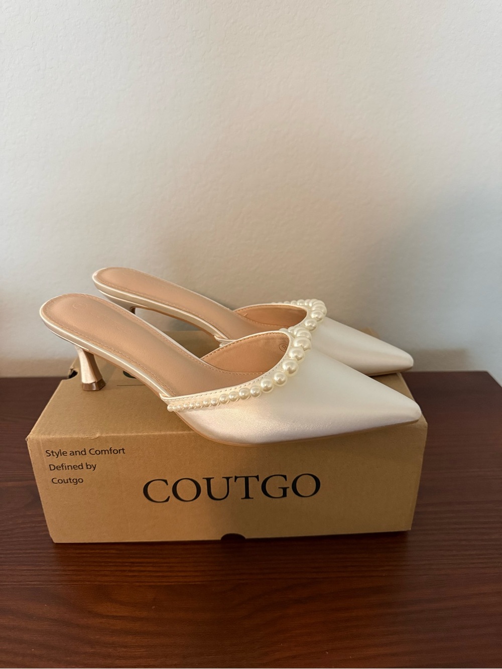 Pearl-Trim White Satin Pointed Mule Bridal Heels